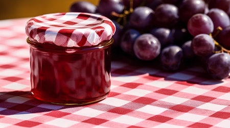 Red grape jam in a glass jar on a checkered tableclothの素材