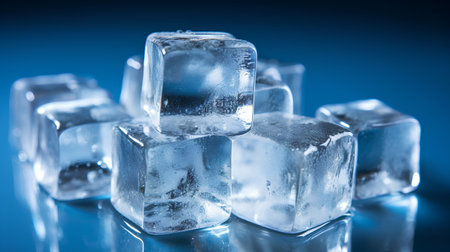 Ice cubes on blue background. Shallow depth of field. Toned.の素材