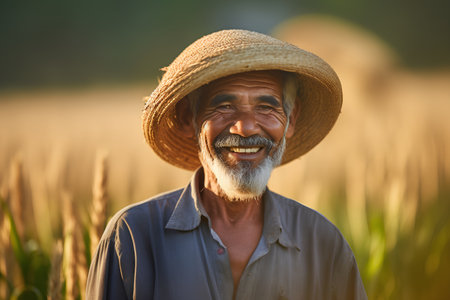 Portrait of happy senior farmer standing in wheat field and smiling at cameraの素材