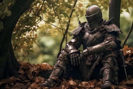 Medieval knight in armor sitting on a stone in the forest.の素材