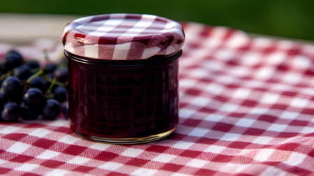 Jar of black currant jam on a checkered tableclothの素材