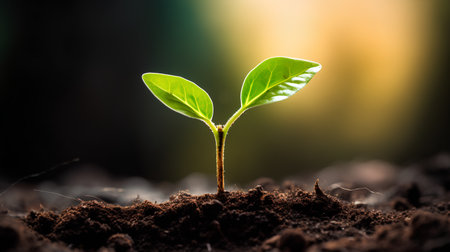 Green seedling illustrating concept of new life and investment in agriculture.の素材