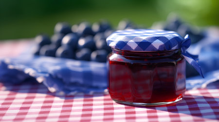 Jam in a jar on a checkered tablecloth, selective focusの素材