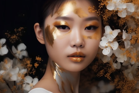 Portrait of beautiful asian woman with golden make up and flowersの素材
