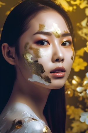 Beautiful asian woman with gold make up and flower petalsの素材