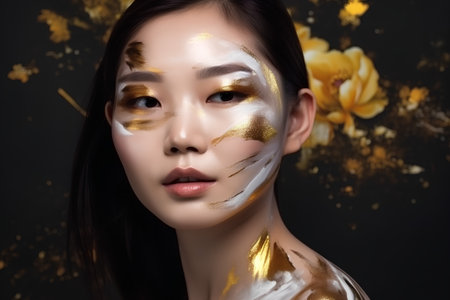 Portrait of beautiful asian woman with gold make up and flowersの素材