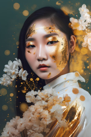 Portrait of beautiful asian woman with golden makeup and white flowersの素材