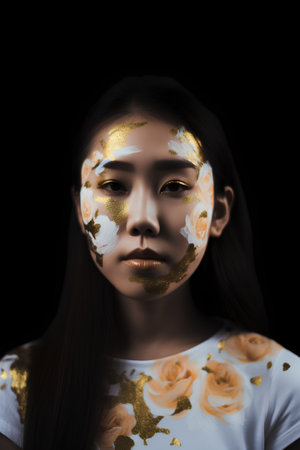 Portrait of a beautiful asian girl with golden paint on her face.の素材
