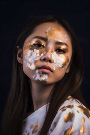 Portrait of a beautiful asian woman with golden paint on her face.の素材