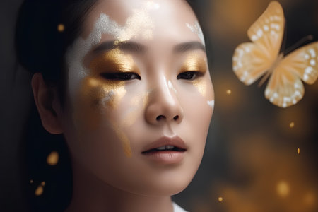 Portrait of beautiful asian woman with golden make up and butterflyの素材