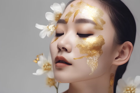 Beautiful asian woman face with golden makeup and white flowers.の素材
