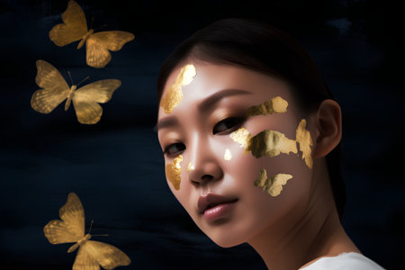 Beautiful asian woman with golden butterflies on her face. Beauty conceptの素材