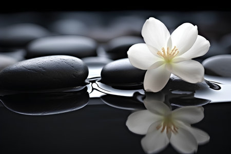 zen basalt stones and white flower on the black backgroundの素材