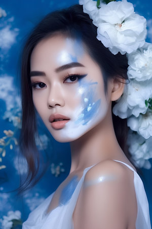 Portrait of a beautiful asian woman with blue makeup and flowersの素材