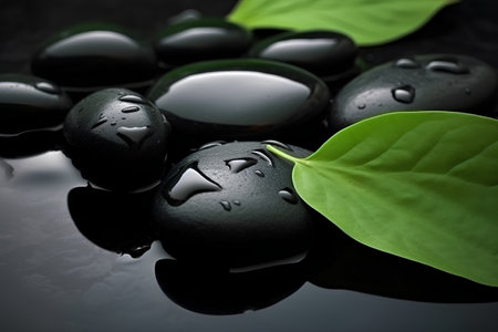 zen basalt stones and green leaf on the black background.の素材
