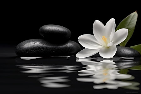 zen basalt stones and white flower on black background with water reflectionの素材