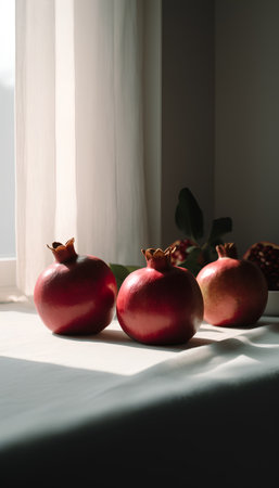 Ripe pomegranate fruits on windowsill, still lifeの素材