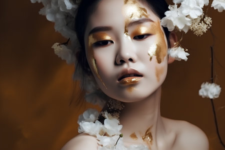 Portrait of a beautiful asian woman with golden make up and flowersの素材