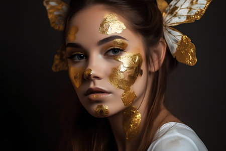 Portrait of beautiful girl with golden make-up and butterfly on her faceの素材
