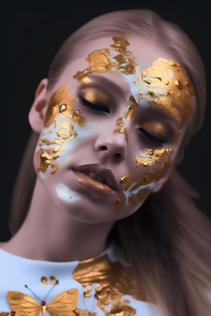 Portrait of a beautiful woman with golden makeup and butterflies on her faceの素材