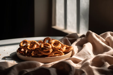 Pretzels in a wooden plate on a light background.の素材