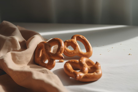 Two salted pretzels on a white tablecloth in the sunlightの素材