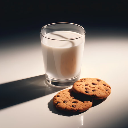Glass of milk and cookies on a white background. Copy space.の素材