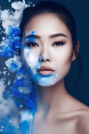 Portrait of beautiful asian woman with blue make up and flowersの素材