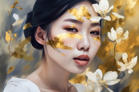 Beautiful asian woman with jasmine flowers on her faceの素材