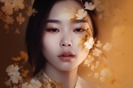 Beautiful asian woman with flowers on her face over golden backgroundの素材