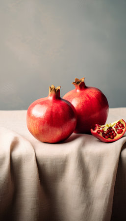 Ripe pomegranates on a linen tablecloth. Toned.の素材