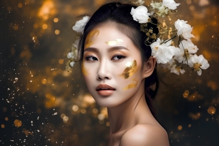 Portrait of beautiful asian woman with golden makeup and flowers in hairの素材