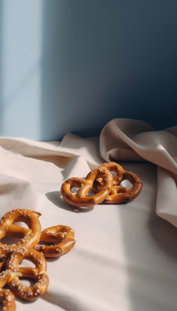 Pretzels on a white linen tablecloth, soft focus backgroundの素材