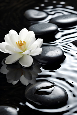 White lotus flower on black zen stones with reflection in waterの素材