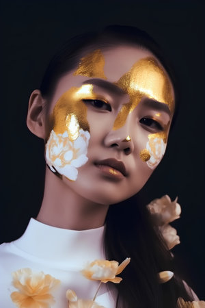 Portrait of beautiful asian woman with golden make up and flowersの素材