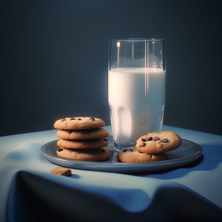 Glass of milk and cookies on a blue tablecloth. 3d renderingの素材