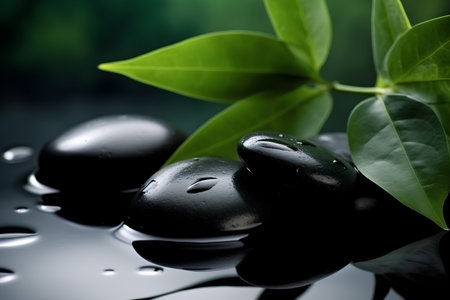 zen basalt stones and green leaves on the black with water dropsの素材
