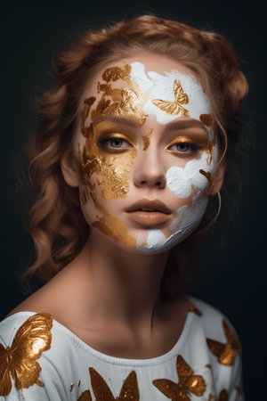 Portrait of a beautiful girl with golden make-up and face artの素材