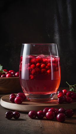 Cranberry juice in a glass with fresh berries on dark backgroundの素材