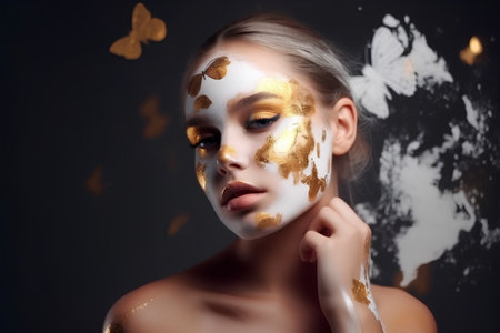 Beautiful girl with golden make-up and butterflies on dark backgroundの素材