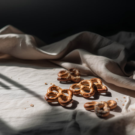 Baked pretzels on a white tablecloth, selective focus.の素材
