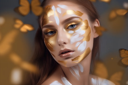 Portrait of a beautiful girl with gold make-up and butterfliesの素材