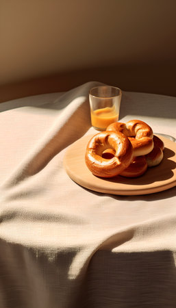Freshly baked bagels on a plate and a glass of orange juice on the table.の素材