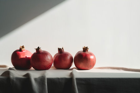Ripe pomegranates on a white tablecloth with light from the windowの素材