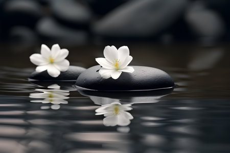 zen basalt stones and flowers in water with reflection, spa conceptの素材