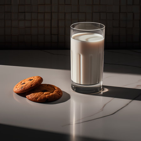 Glass of milk and cookies on a marble table. 3d renderingの素材