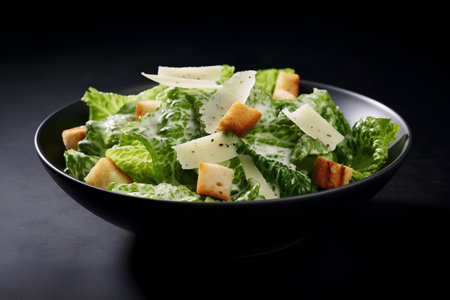 Fresh caesar salad with parmesan cheese on black background.の素材
