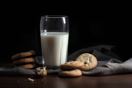 Glass of milk and cookies on a wooden table. Dark background.の素材