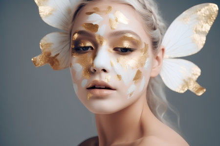 Fashion portrait of young beautiful woman with golden butterfly on her faceの素材