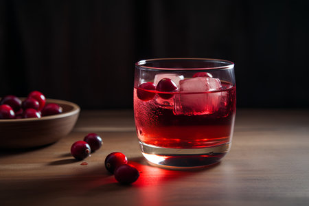 Cranberry cocktail in a glass with ice cubes on a wooden tableの素材